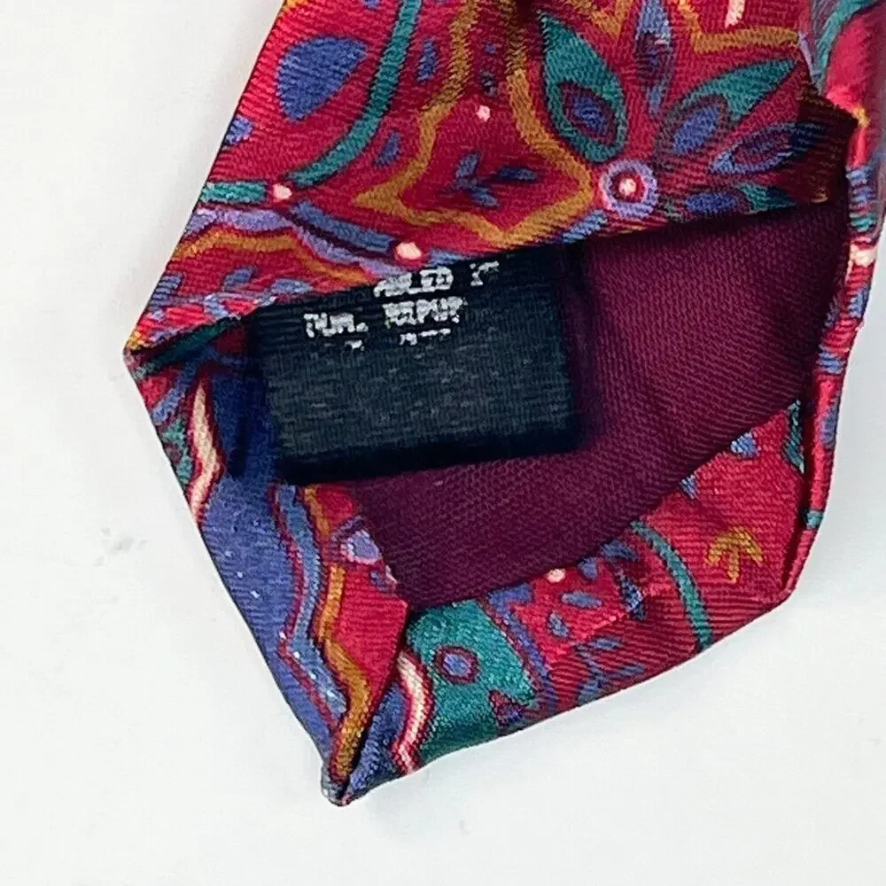 Oleg Cassini Vintage Paisley Print Mens Neck Tie Red Purple Green Silk Made USA